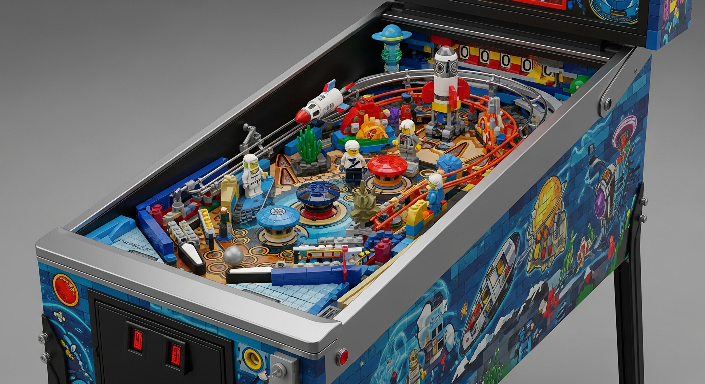 A close-up shot of the LEGO Arcade Pinball Machine #11374, showing the detailed space theme and flippers in action.