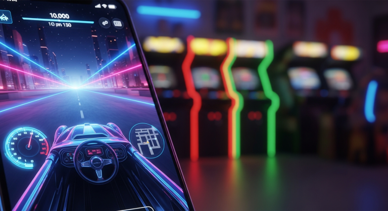 A wide, clean shot of a modern smartphone screen showing a gaming app's user interface, with a neon-lit arcade in the soft-focus background.
