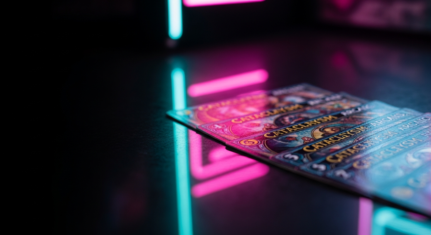 A close-up shot of several holographic Cataclysm Arcade TCG cards fanned out on a sleek, dark surface, reflecting neon arcade lights.