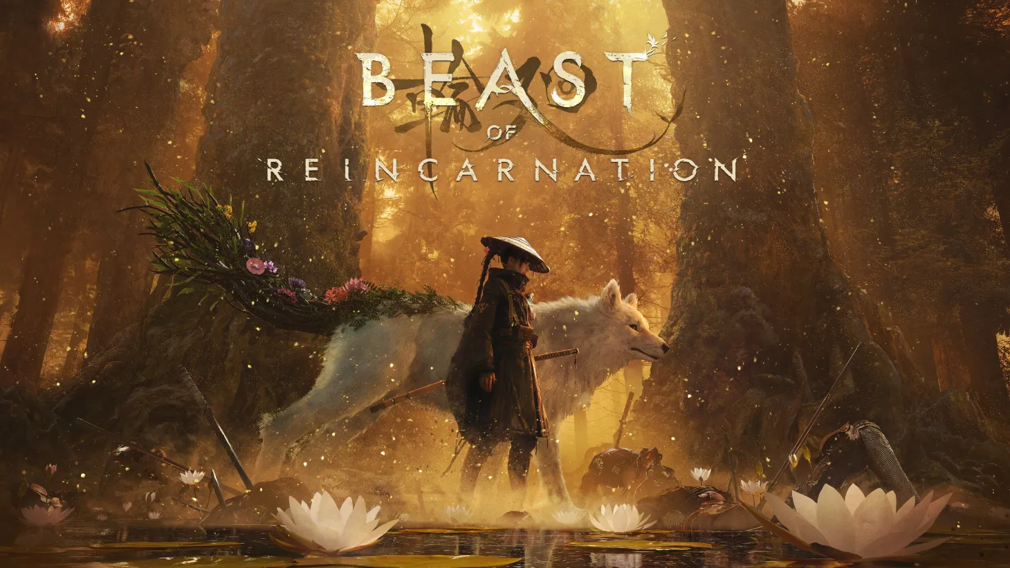 Beast of Reincarnation key art: a young traveler and a giant white wolf in a golden, mist-lit forest