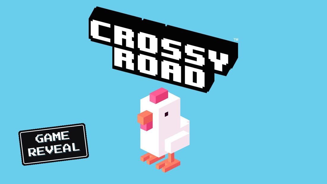 Crossy Road game reveal — the voxel chicken and logo on a sky-blue backdrop