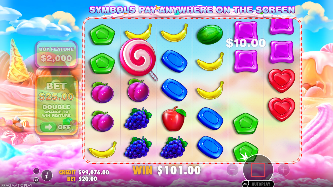 The 6x5 Sweet Bonanza reel grid with Bonus Buy and Ante Bet features to the left. 30 candy and fruit symbols are visible.