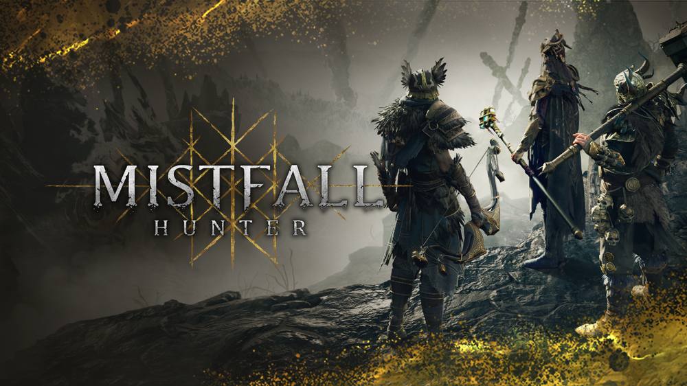 Mistfall Hunter key art showing three armored hunters in a misty ruin