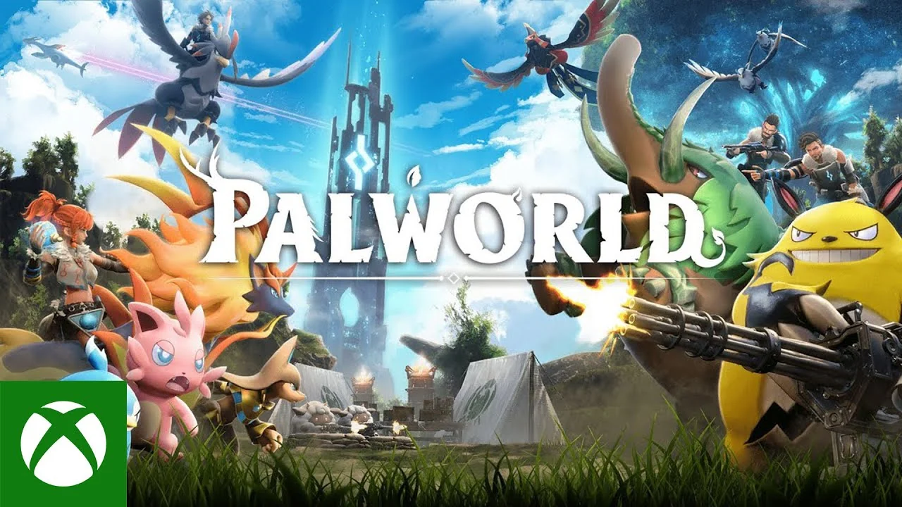 Palworld key art: Pals and human characters battling across a lush open world beneath a towering spire